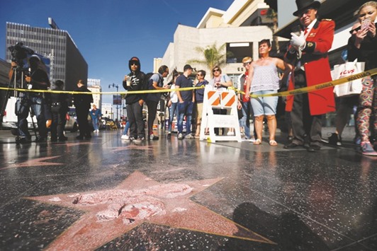 Donald Trumpu2019s star on the Hollywood Walk of Fame, Los Angeles, is seen after it was vandalised.