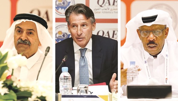 Qatar Olympic Committee vice-president Sheikh Saud bin Ali al-Thani declared the meeting open yesterday.  (Centre) IAAF president Sebastian Coe.  (Far right)AAA and QAF president Dahlan al-Hamad