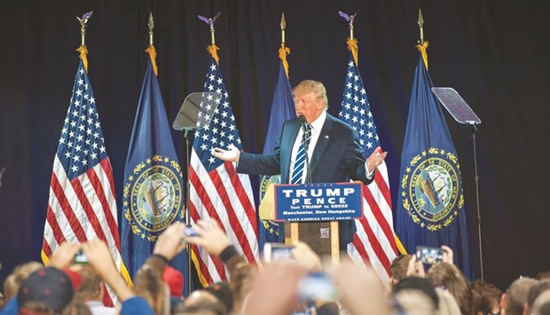 Republican presidential candidate Donald Trump speaks during a campaign rally in Manchester, New Hampshire, yesterday.