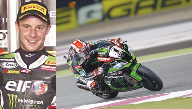 Jonathan Rea (left) of Kawasaki Racing Team in action during a practice session at the Losail International Circuit yesterday. (WSBK)
