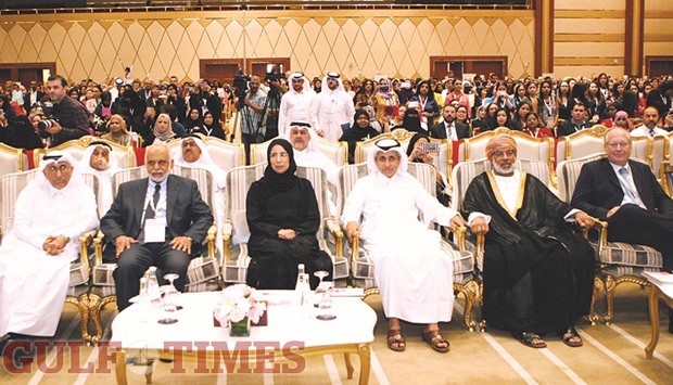 HE the Minister of Public Heatlh Dr Hanan Mohamed al-Kuwari, Dr Sheikh Khalid bin Jabor al-Thani and other dignitaries at the opening ceremony of the conference yesterday. PICTURE: Nasar T K