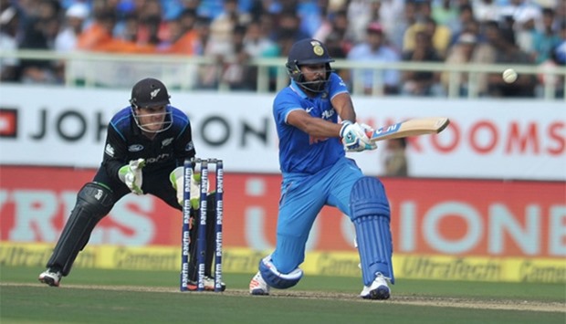 Indian batsman Rohit Sharma plays a shot during the fifth ODI cricket match against New Zealand 