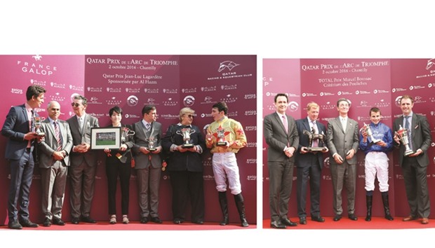 (LEFT PHOTO) Al Emadi Enterprises CEO Mohamed al-Emadi (second from left) with the winners of the Qatar Prix Jean-Luc Lagardere, after National Defense won the race yesterday.   (RIGHT PHOTO) France Galop president Edouard de Rothschild (centre) and Total E&P Mena president Stephane Michel with the winners of Total Prix Marcel Boussac Criterium Des Pouliches after William Buick rode Wuheida to victory in the race. PICTURES: Juhaim