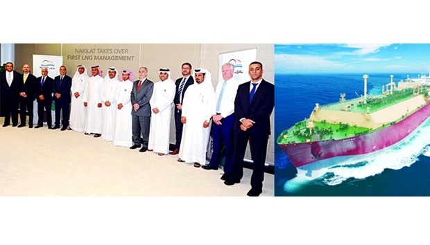 HE Dr al-Sada, al-Sulaiti and Qatargas CEO Sheikh Khalid bin Khalifa al-Thani among other executives during Nakilatu2019s u201cmanagement takeoveru201d of Q-Max LNG carrier u2018Mozahu2019 from Shell International Trading and Shipping Company. Right: u2018Mozahu2019 is the worldu2019s largest LNG carrier in operation with a cargo capacity of 266,000 cu m.