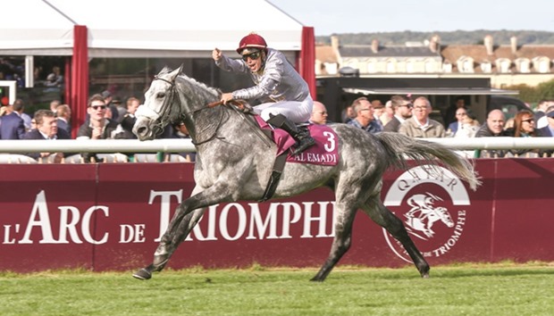 Jockey Julien Auge rides Al Shaqab Racingu2019s Al Mourtajez to victory in the Qatar Arabian World Cup (Gr1 PA) at Chantilly racecourse in France yesterday. PICTURE: Juhaim