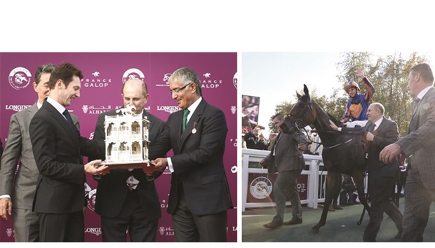 (LEFT PHOTO) HH Sheikh Abdullah bin Khalifa al-Thani (right) presents owners Michael Tabor (second from right) and David Smith (second from left) with the trophy after Found won the Qatar Prix de lu2019Arc de Triomphe in Chantilly yesterday.  (RIGHT PHOTO) Jockey Ryan-Lee Moore (left) and his ride Found are led in after their Qatar Prix de lu2019Arc de Triomphe win yesterday. (AFP)