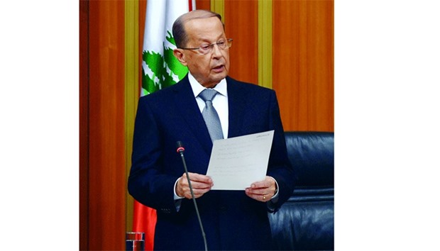 Newly-elected Lebanese President Michel Aoun delivering a speech at the parliament in downtown Beirut.