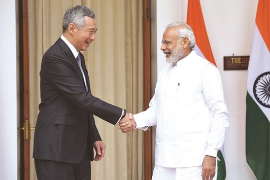Prime Minister Narendra Modi meets Prime Minister of Singapore Lee Hsien Loong in New Delhi yesterday.