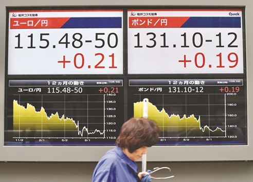 An electronics quotation board displays the current exchange rate of the Japanese yen against the British pound (right) and the euro (left) in Tokyo yesterday.