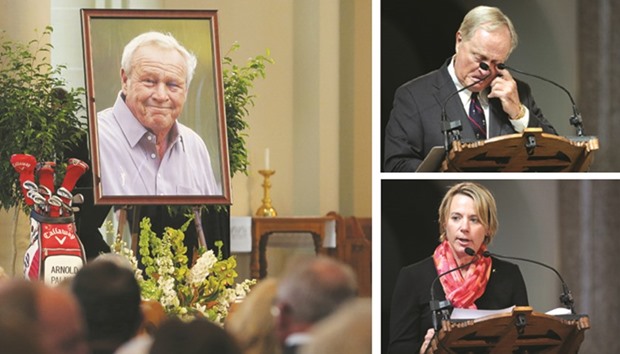 A portrait of Arnold Palmer is displayed during a Celebration of Arnold Palmer at Saint Vincent College in Latrobe, Pennsylvania, Palmeru2019s hometown. Palmer, a golf legend who won 62 PGA Tour titles over the course of his career, died on September 25 at age 87. Right top: Jack Nicklaus wipes away a tear as he speaks.  Right below: Annika Sorenstam speaks at the memorial. (AFP)