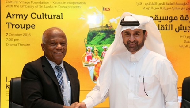 Katara general manager Dr Khalid Ibrahim al-Sulaiti (right) and Sri Lankan ambassador WM Karunadasa shake hands after signing a co-operation agreement.