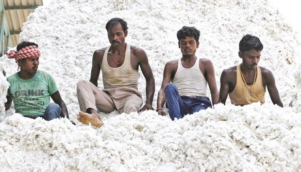 Workers push harvested cotton with their feet as they unload it from a supply truck at a cotton processing unit in Kadi, Gujarat. Rising hostilities between India and Pakistan have brought their $822mn-a-year trade in cotton to a juddering halt, as traders who are worried about uncertainty over supplies and driven by patriotism hold off signing new deals.