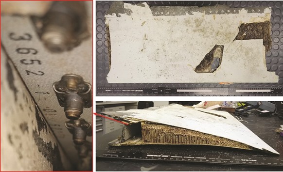 An undated combo photo handout received yesterday shows a trailing edge section of Boeing 777 left, outboard flap, originating from the Malaysian Airlines aircraft registered 9M-MRO (MH370), the Australian Transport Safety Bureau (ATSB) said in a report. The piece of debris found in Mauritius is from MH370, Australia said, with the wing part the latest fragment discovered along western Indian Ocean shorelines that has been linked to the missing passenger jet.