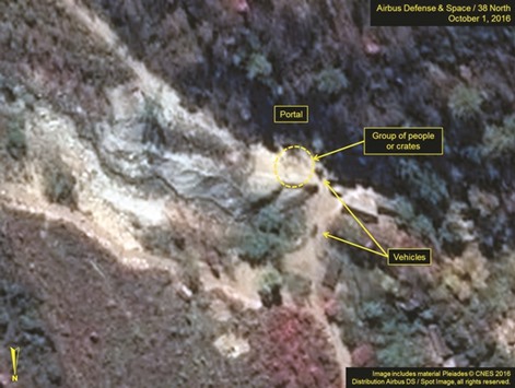 A satellite image of the area around North Koreau2019s Punggye-Ri  nuclear test site shows graphics pointing to what monitoring group 38 North says are signs of increased activity.