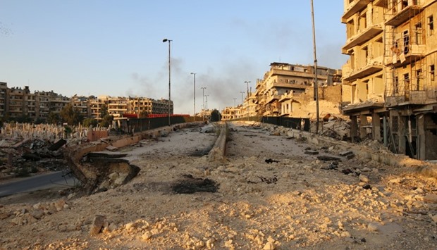 A damaged road is pictured in the rebel held al-Shaar neighbourhood of Aleppo, Syria