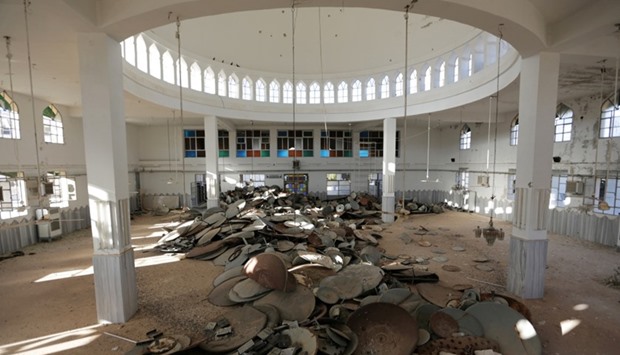 Satellite dishes damaged by Islamic State militants are pictured inside a mosque in Turkman Bareh village, after rebel fighters advanced in the area, in northern Aleppo Governorate, Syria