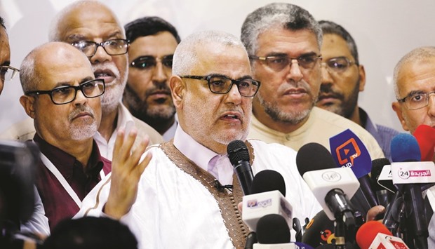 Abdelilah Benkirane, secretary-general of Islamist Justice and Development Party, speaks during a news conference in Rabat.