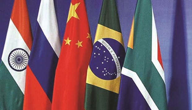 Flags of Brics nations from left: India, Russia, China, Brazil and South Africa.