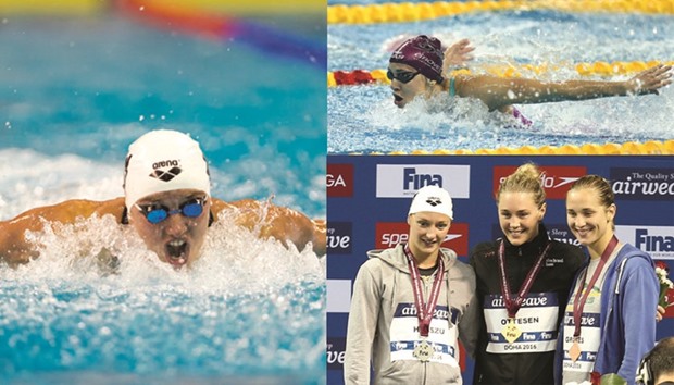 (Left photo) Hungaryu2019s Katinka Hosszu in action during the final night of competition yesterday. (Top right photo) Madeline Groves was tied for the top spot in Womenu2019s 200m Butterfly with Hosszu. (Below right photo) Jeanette Ottesen (centre) won the womenu2019s 100m freestyle gold ahead of Katinka Hosszu (left) and Madeline Groves (right).