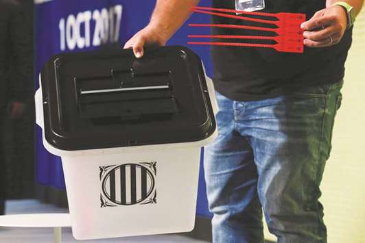 The ballot box and zip-tie seals that were unveiled on Friday for the banned independence referendum.