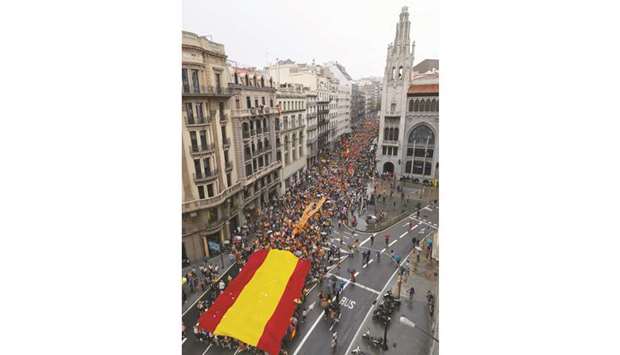 People march in Barcelona yesterday in favour of a unified Spain.