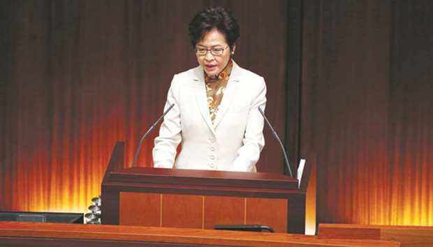 Hong Kong chief executive Carrie Lam delivers her policy speech at the Legislative Council. Lam said she would bolster support for SMEs in the Asian financial hub by cutting company profits tax to 8.25% from 16.5% for the first HK$2mn ($256,000) of earnings.