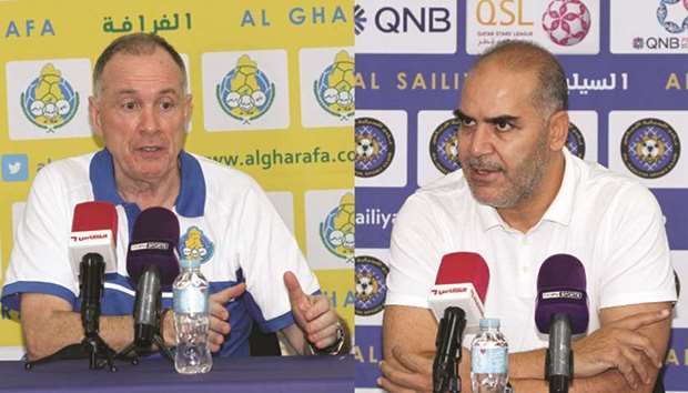 Al Gharafau2019s head coach Jean Fernandez (left) and Al Sailiyau2019s manager Sami Trabelsi speak during a press conference yesterday. PICTURE: Othman Iraqi