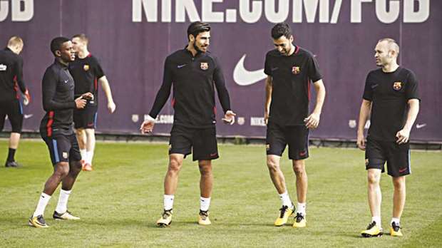 Barcelona players in action during a training session ahead of their La Liga match against Atletico Madrid.