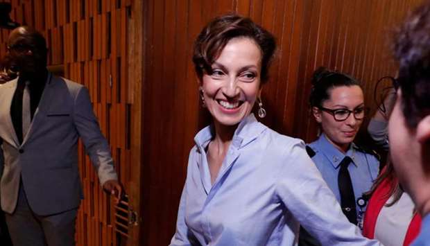 France's Audrey Azoulay, the newly-elected Director-General of the United Nations Educational, Scientific and Cultural Organization (UNESCO), enters the Executive Council room to deliver a speech at UNESCO headquarters in Paris.