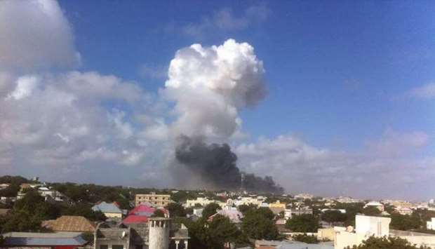 Smoke rising after the explosion at the K5 Junction, Mogadishu. Picture posted in social media