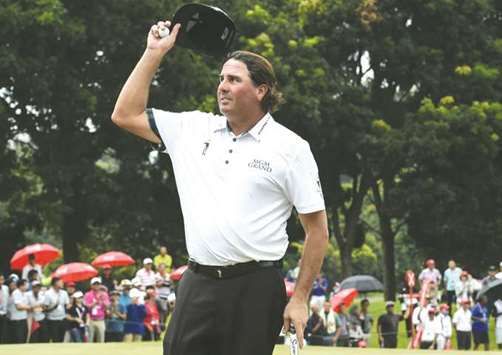 Pat Perez of the US celebrates his win on the last hole in the final round of the CIMB Classic golf tournament in Kuala Lumpur, Malaysia, yesterday. (AFP)