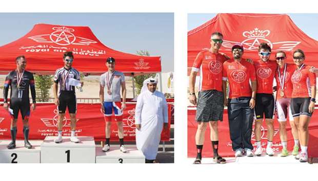 Winners of menu2019s u2018Au2019 category Individual Time Trial, the first stage of Royal Air Maroc League, at the Losail Technical Zone. on Friday. Right: Winners of the Individual Time Trial at the Losail Technical Zone.
