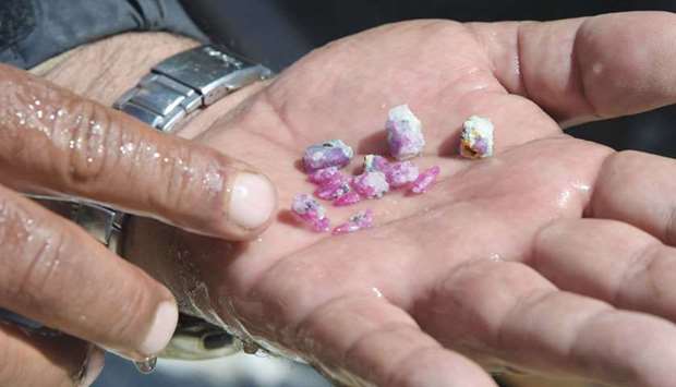 A labourer displaying ruby gemstones after finding them in pieces of rocks outside a mine at a mountain in the Kashmiri town of Chitta Katha in Upper Neelum Valley in Pakistan-administered Kashmir.