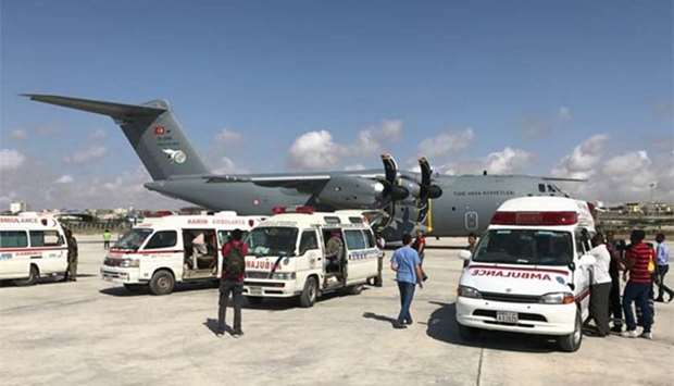 A Turkish military plane prepares to evacuate people injured in the Somalia explosion at the Aden Abdulle International Airport in Mogadishu on Monday.