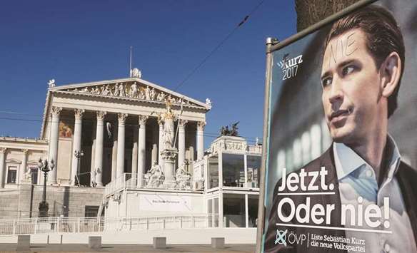 An election campaign poster depicting OeVPu2019s Kurz is seen opposite the parliament building in Vienna.