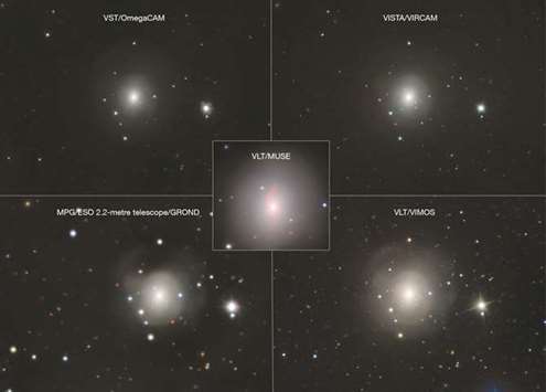 This handout image obtained from the European Southern Observatory yesterday is a composite showing images of the galaxy NGC 4993 from several different ESO telescopes and instruments. Scientists have for the first time witnessed the smash-up of two ultra-dense neutron stars, cataclysmic events now known to have generated at least half the gold in the Universe, excited research teams announced. Shockwaves and light flashes emitted by the cosmic fireball travelled some 130mn light-years to be captured by earthly detectors on August 17, they revealed at simultaneous press conferences around the globe as a dozen science papers were published in top academic journals.