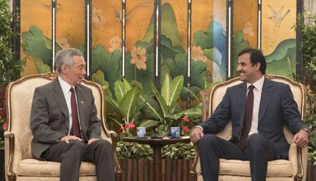 His Highness the Emir Sheikh Tamim bin Hamad al-Thani and the Prime Minister of Singapore Lee Hsien Loong holding talks at the Istana on Tuesday.