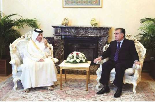 Tajikistan President Emomali Rahmon meets with HE the Minister of State for Foreign Affairs Sultan bin Saad al-Muraikhi on the sidelines of second session of the Arab Co-operation and Economic Forum with Central Asian states and the Republic of Azerbaijan, being held in Tajikistan.