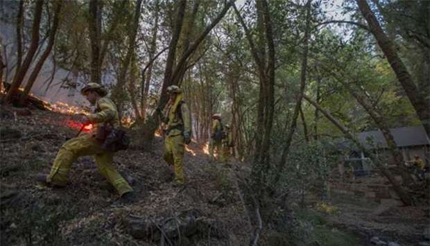 Firefighters set a backfire to protect houses in Adobe Canyon during the Nuns Fire near Santa Rosa, California this week.