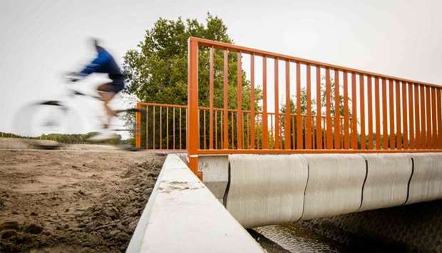 A Cyclist rides over what has been named as the world's first 3-D printed concrete bridge after its opening in Gemert