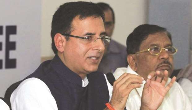 Congress leader Randeep Surjewala addresses a press conference in Bengaluru yesterday.