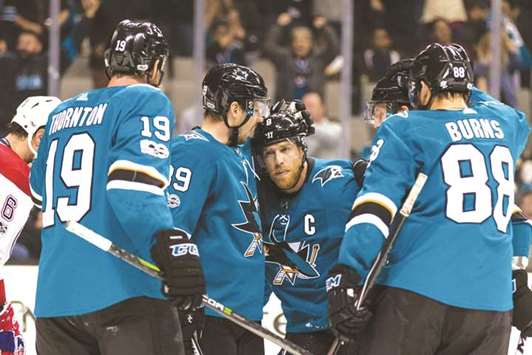 San Jose Sharks centre Logan Couture (second left) celebrates after scoring a power play goal against the Montreal Canadiens. PICTURE: USA TODAY