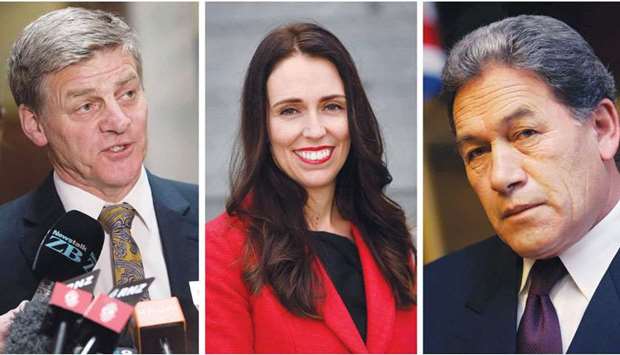 A combination photo shows New Zealandu2019s Prime Minister Bill English (left), leader of the Labour Party Jacinda Ardern and former minister Winston Peters.