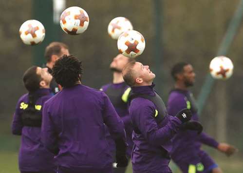 Evertonu2019s Wayne Rooney (right) and teammates train at the Finch Farm in Liverpool, Britain, yesterday. (Reuters)