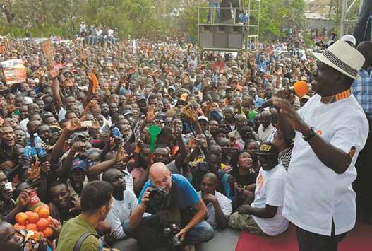 Kenyau2019s opposition leader Raila Odinga addresses supporters at a political rally at the Kamukunji Ground in Nairobi yesterday.