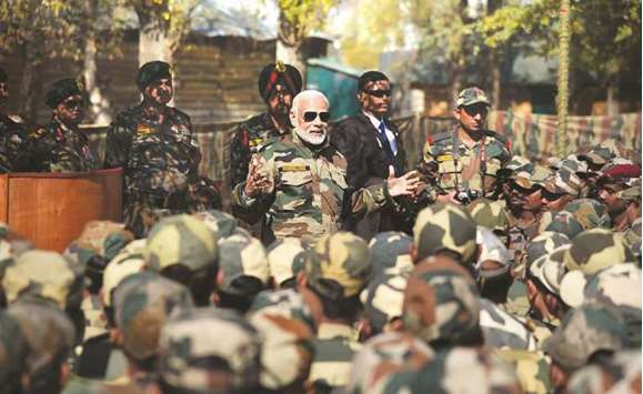 Prime Minister Narendra Modi speaks during Diwali celebrations with military personnel stationed near the Line of Control in the Gurez Valley.