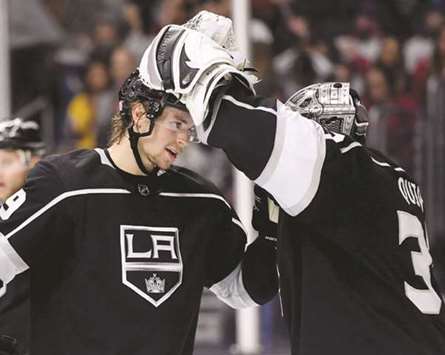 Adrian Kempe (left) of the Los Angeles Kings celebrates his hat trick against the Montreal Canadiens with Jonathan Quick at Staples Center in Los Angeles, California. (Getty Images/AFP)