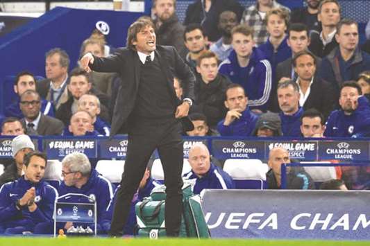 Chelsea manager Antonio Conte gives instructions to his players during the Champions league match against Roma at Stamford Bridge in London on Wednesday night. (AFP)