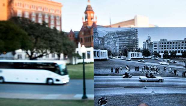 A historic photo of post JFK assassination Dealey Plazza (Dallas Police Department, Dallas Municipal Archives, City of Dallas, Texas) displayed near its original location in Dallas, Texas.  File picture: November 8, 2013.