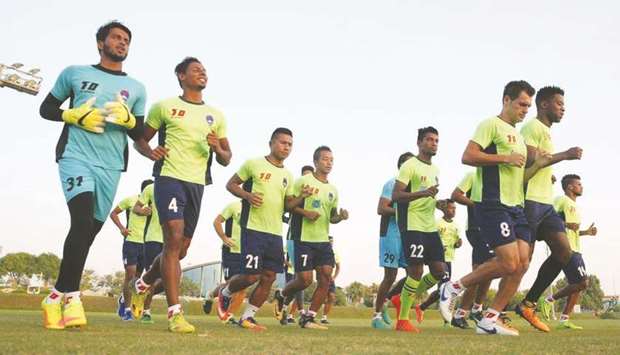 Delhi Dynamos players take part in a training session at Aspire Academy.